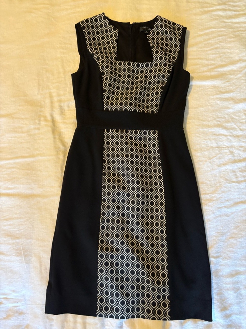 Tahari Black Midi Dress with Ivory & Black Geometric Center Panel